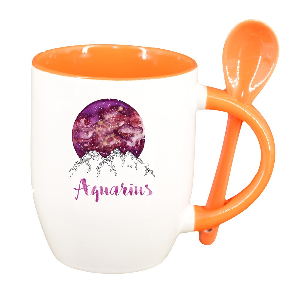 Cana Zodiac, Aquarius cu lingurita, interior portocaliu, 330ml, D1386