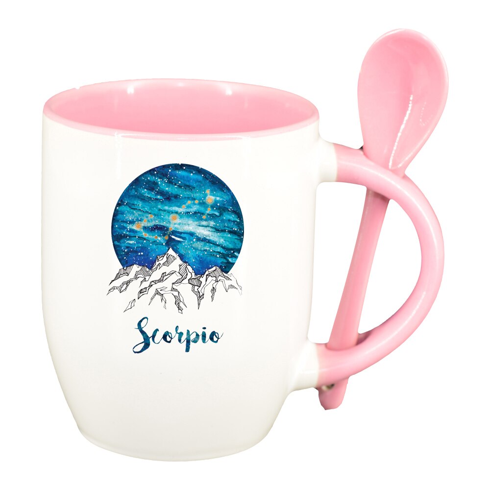 Cana Zodiac, Scorpio cu lingurita, interior roz, 330ml, D1388