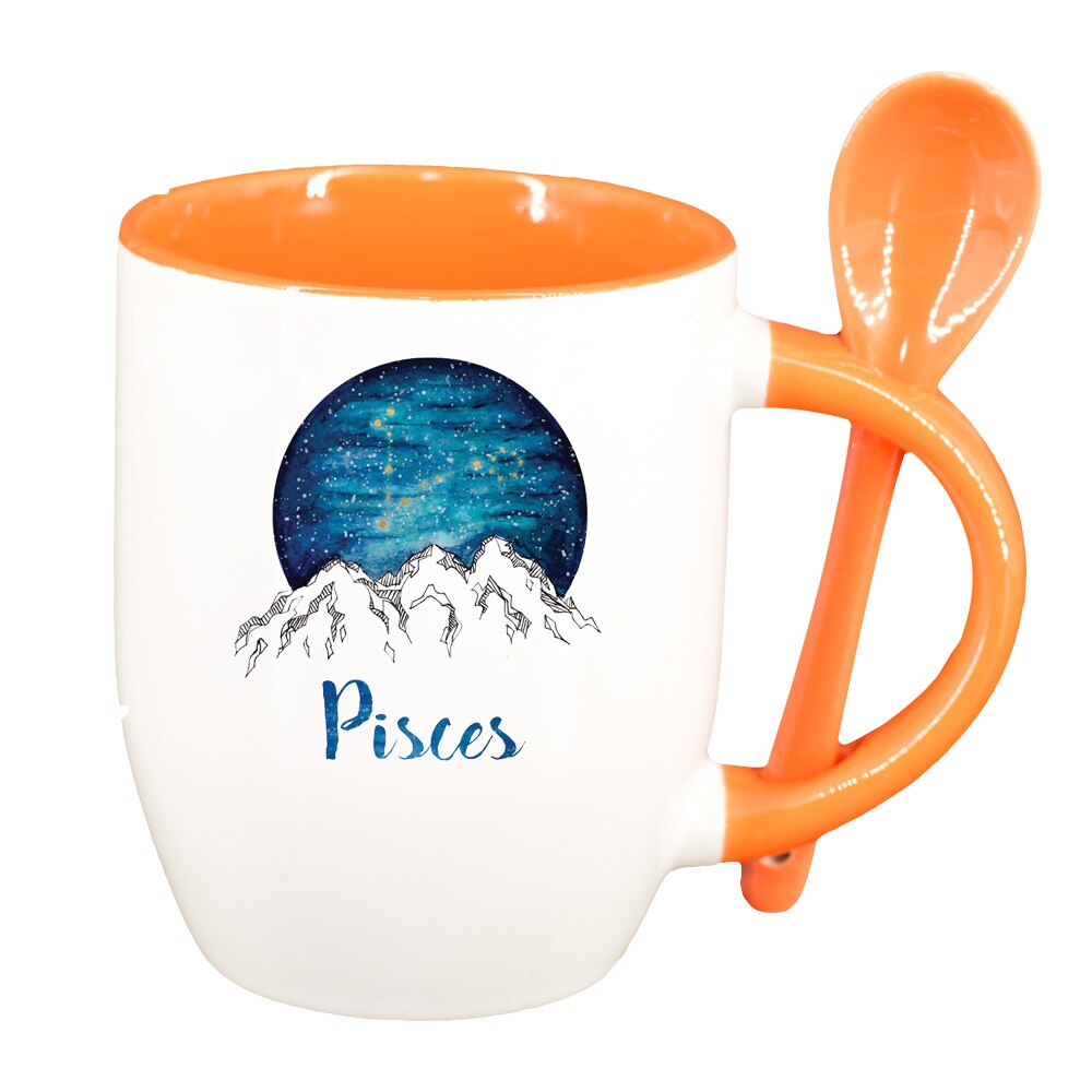 Cana Zodiac, Pisces cu lingurita, interior portocaliu, 330ml, D1387