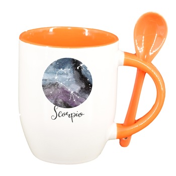 Cana Zodiac, Scorpio cu lingurita, interior portocaliu, 330ml, D1389 Cana Zodiac, Scorpio cu lingurita, interior portocaliu, 330ml, D1389