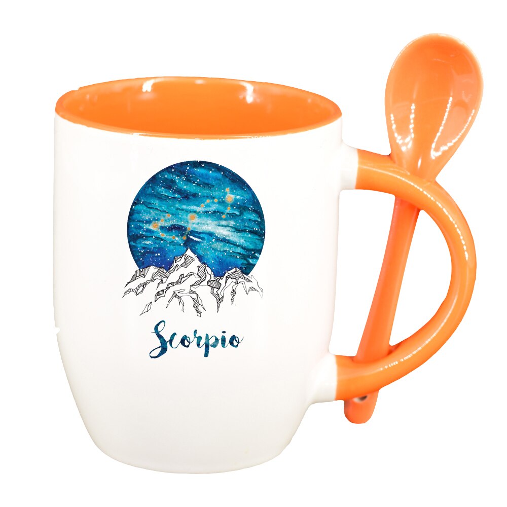 Cana Zodiac, Scorpio cu lingurita, interior portocaliu, 330ml, D1388