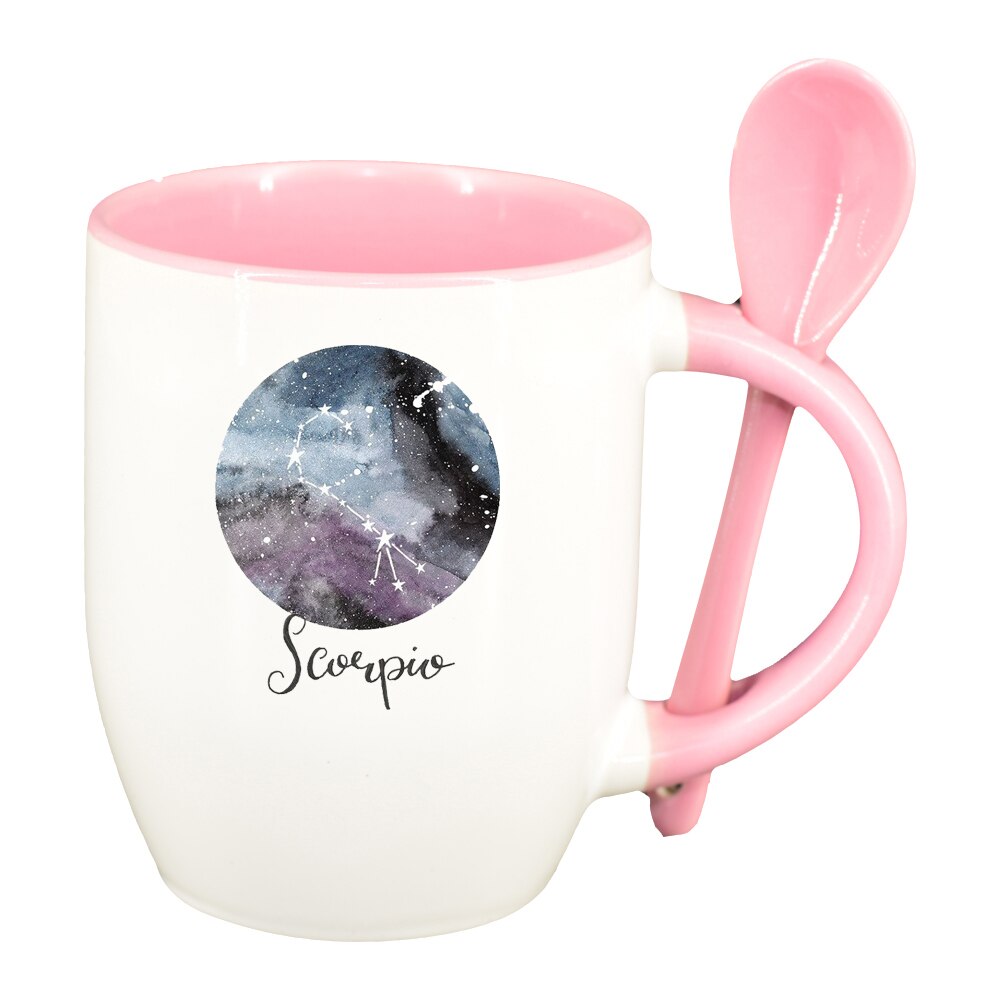 Cana Zodiac, Scorpio cu lingurita, interior roz, 330ml, D1389