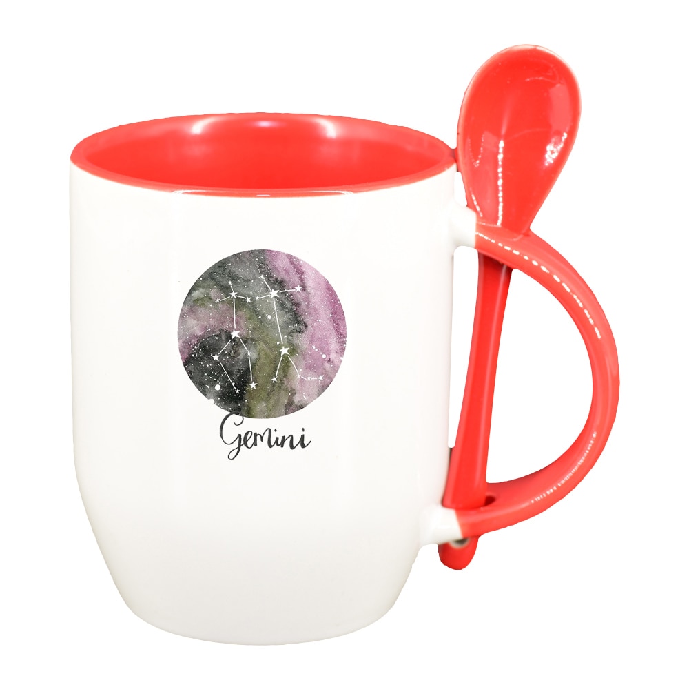 Cana Zodiac, Gemini cu lingurita, interior rosu, 330ml, D1390