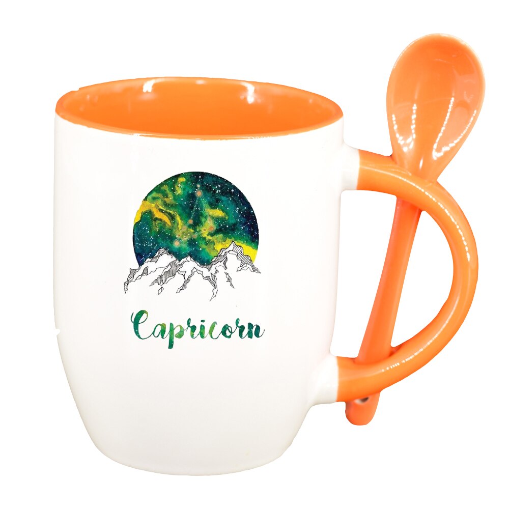 Cana Zodiac, Capricorn cu lingurita, interior portocaliu, 330ml, D1392