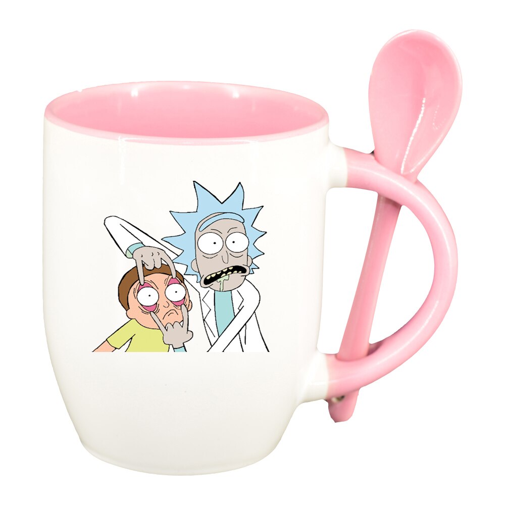 Cana Rick and Morty cu lingurita, interior roz, 330ml, D1405