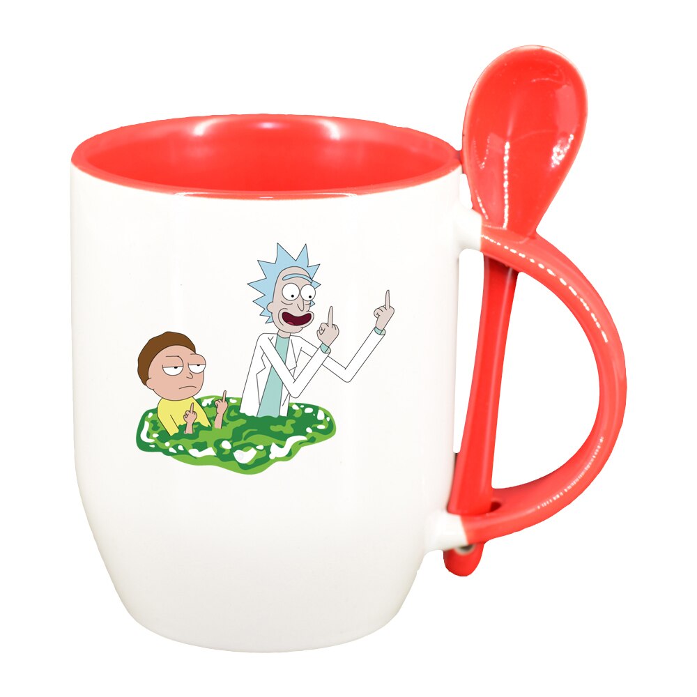 Cana Rick and Morty cu lingurita, interior rosu, 330ml, D1406
