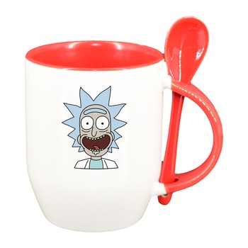 Cana Rick and Morty cu lingurita, interior rosu, 330ml, D1404 Cana Rick and Morty cu lingurita, interior rosu, 330ml, D1404