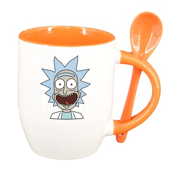 Cana Rick and Morty cu lingurita, interior portocaliu, 330ml, D1404 Cana Rick and Morty cu lingurita, interior portocaliu, 330ml, D1404