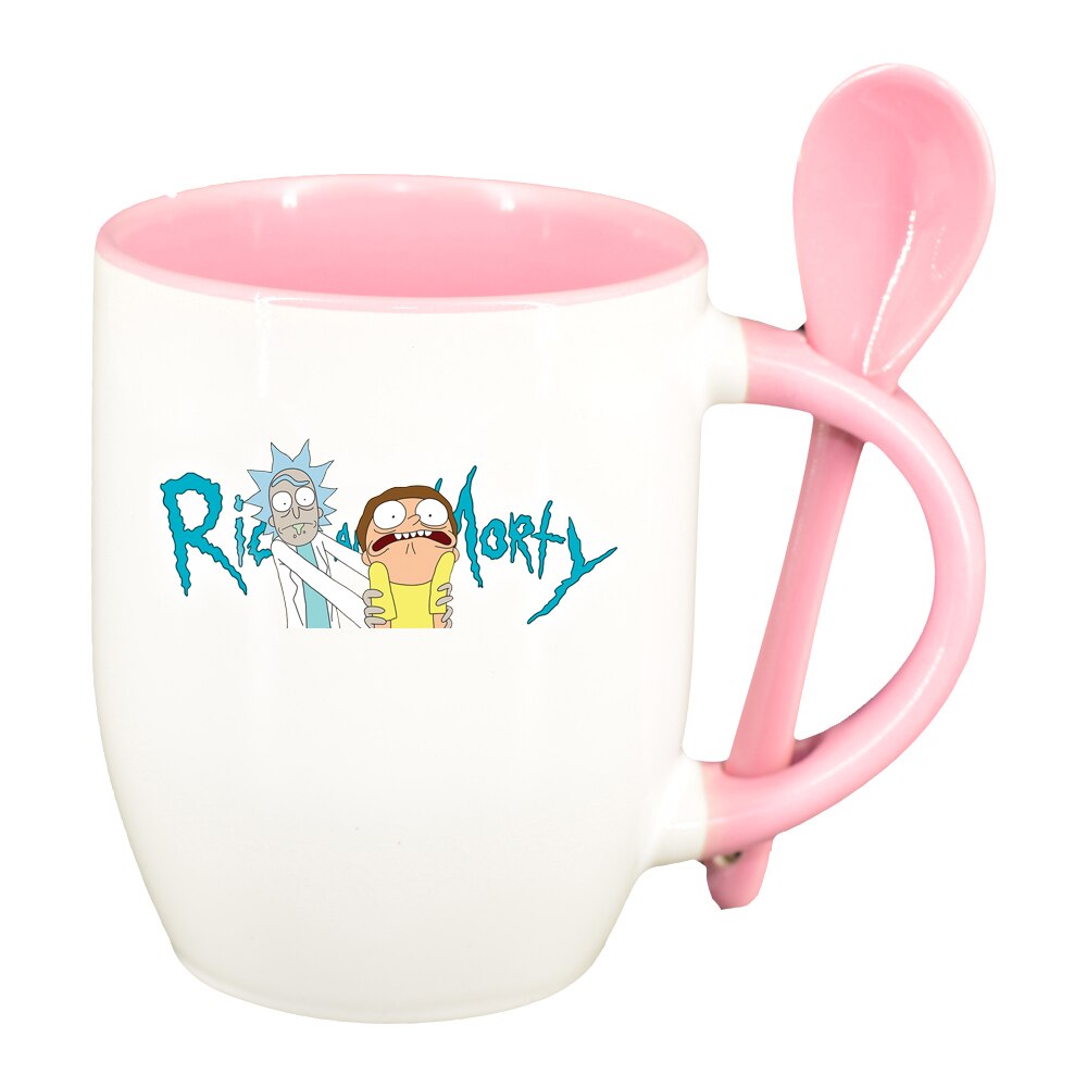 Cana Rick and Morty cu lingurita, interior roz, 330ml, D1410