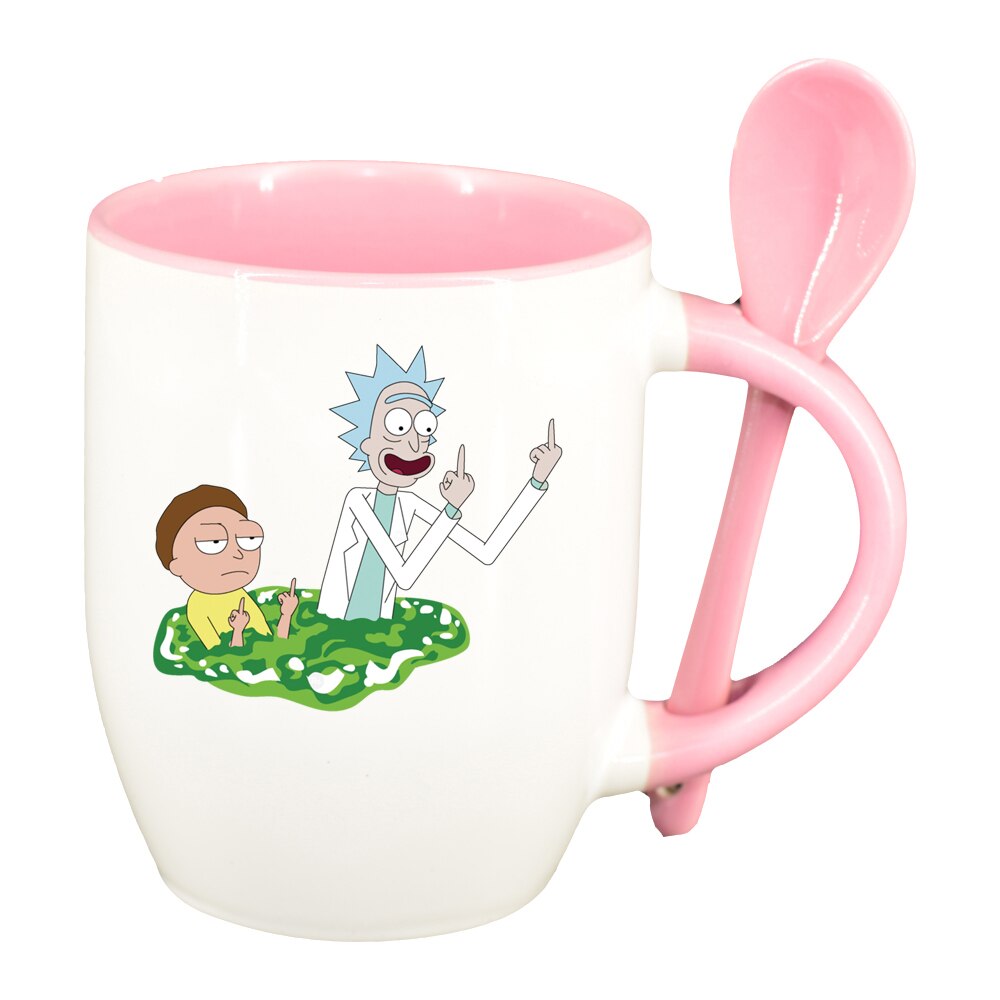 Cana Rick and Morty cu lingurita, interior roz, 330ml, D1406
