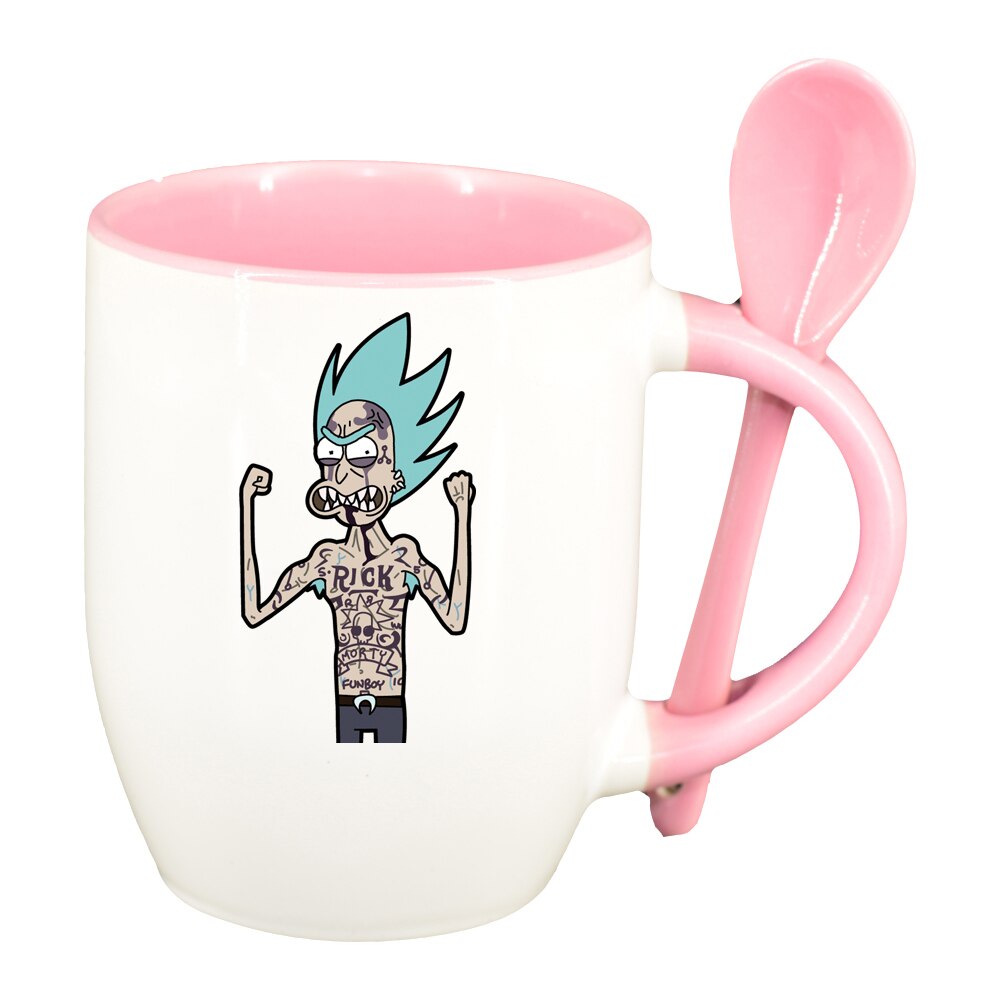 Cana Rick and Morty cu lingurita, interior roz, 330ml, D1411