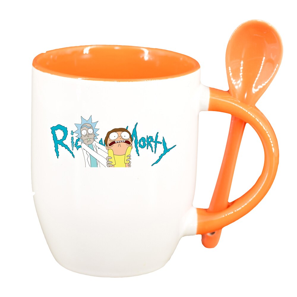 Cana Rick and Morty cu lingurita, interior portocaliu, 330ml, D1410