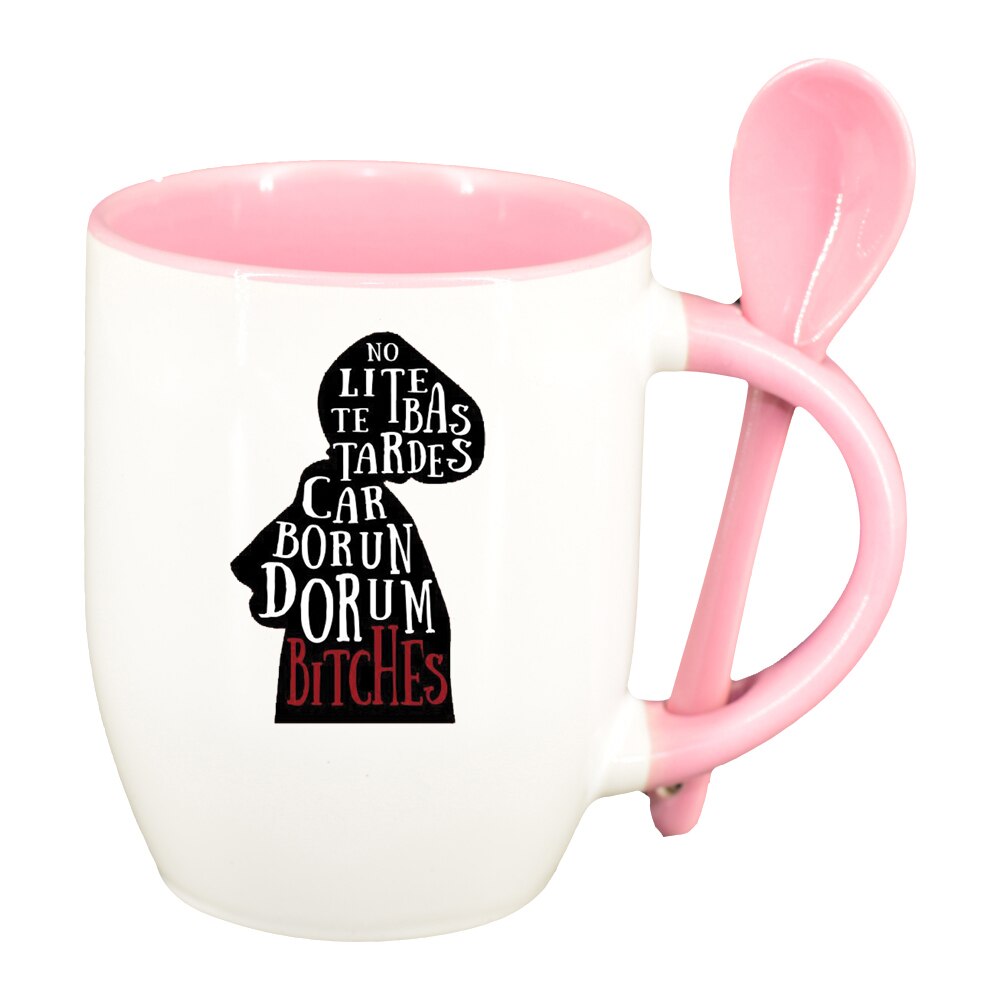 Cana The handmaid's Tale cu lingurita, interior roz, 330ml, D1415