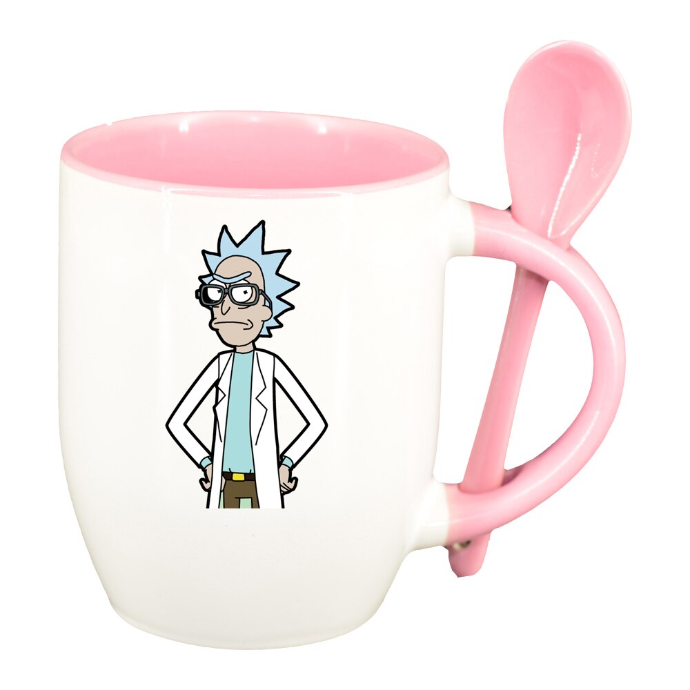Cana Rick and Morty cu lingurita, interior roz, 330ml, D1413