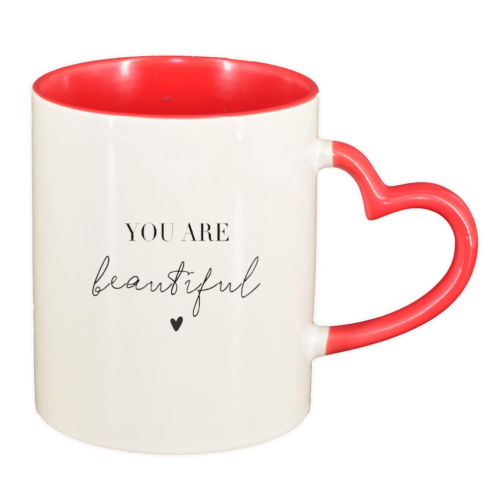 Cana cu mesaj You are beautiful, interior rosu, maner inima, 330ml, D1421