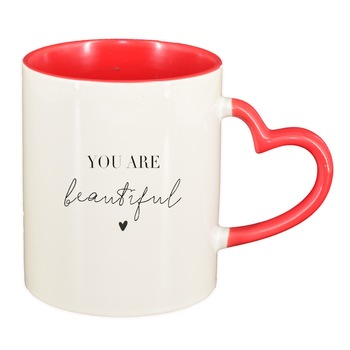 Cana cu mesaj You are beautiful, interior rosu, maner inima, 330ml, D1421 Cana cu mesaj You are beautiful, interior rosu, maner inima, 330ml, D1421