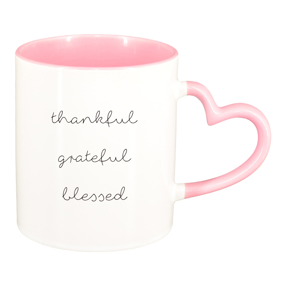 Cana cu mesaj thankful, interior roz, maner inima, 330ml, D1422
