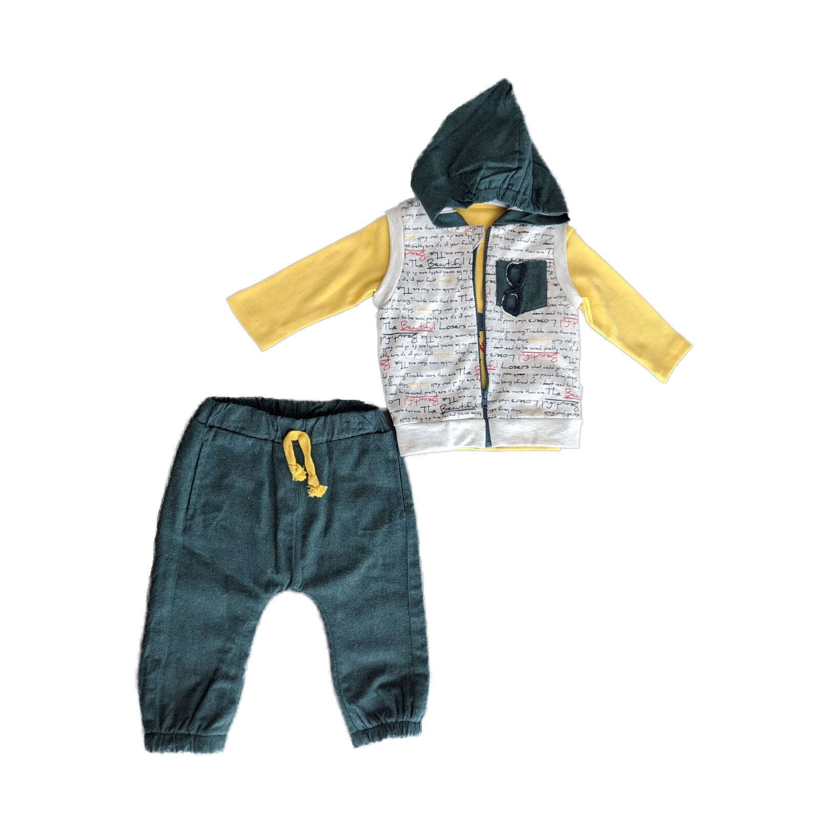 Set 3 piese, vesta cu gluga, bluza si pantaloni. baieti Bebetto, Deer, Galben/kaki