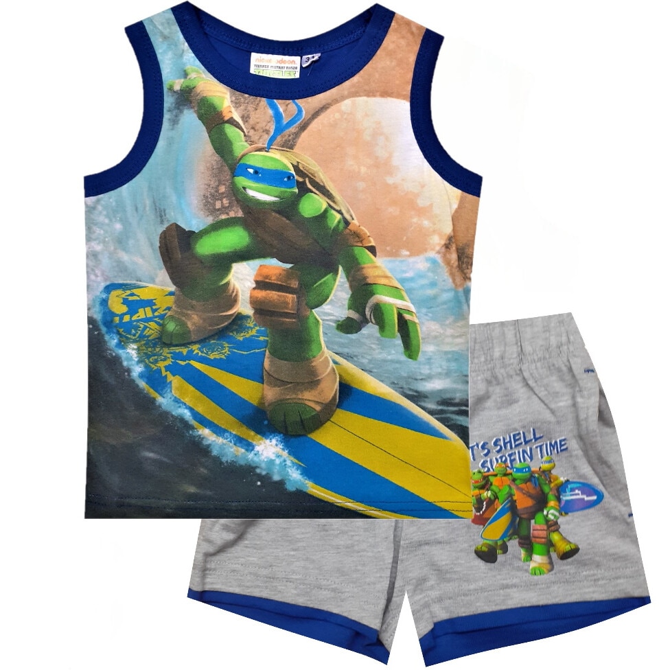 Set 2 piese, maiou si pantalon scurt, Testoasele Ninja, Albastru/Gri