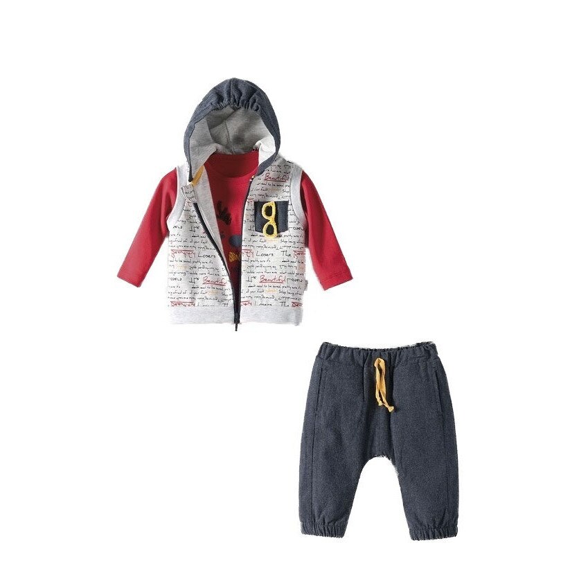 Set 3 piese, vesta cu gluga, bluza si pantaloni. baieti Bebetto, Deer, Rosu/Bleumarin