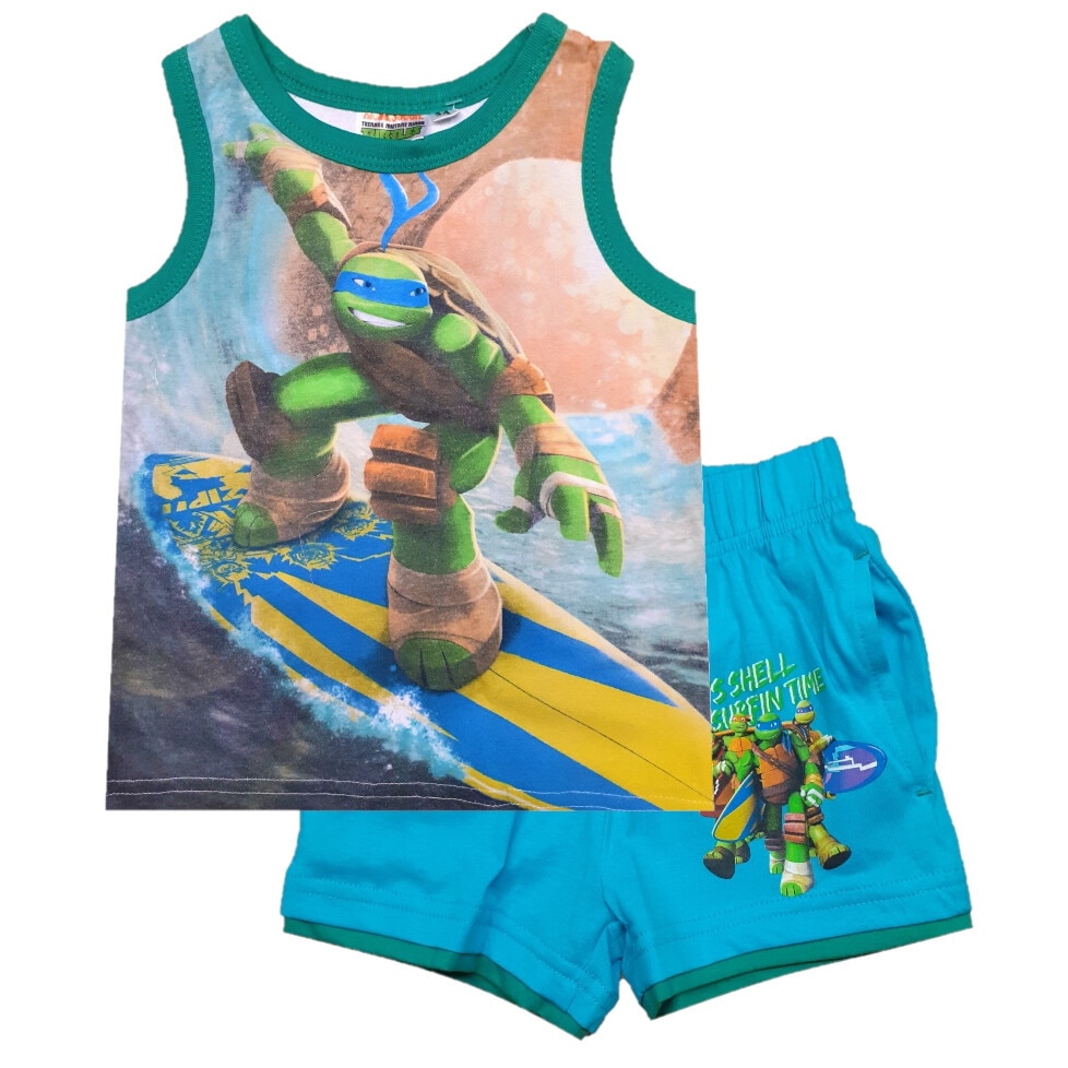 Set 2 piese, maiou si pantalon scurt, Testoasele Ninja, Alb/Albastru