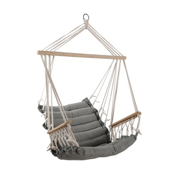 Hamac tip scaun de culoare gri, are bara din lemn , din bumbac si poliester, pentru interior sau exterior, ATS, gradina, terasa sau balcon Hamac tip scaun de culoare gri, are bara din lemn , din bumbac si poliester, pentru interior sau exterior, ATS, gradina, terasa sau balcon
