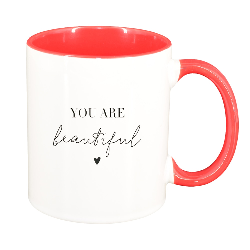 Cana cu mesaj You are beautiful, interior rosu, 330ml, D1421