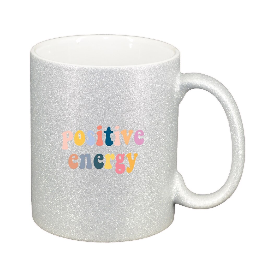 Cana cu mesaj Positive Energy, argintiu sidefata glitter, 330ml, D1423