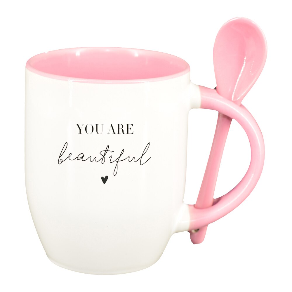 Cana cu mesaj You are beautiful cu lingurita, interior roz, 330ml, D1421