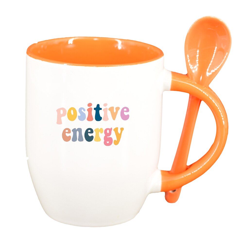 Cana cu mesaj Positive Energy cu lingurita, interior portocaliu, 330ml, D1423