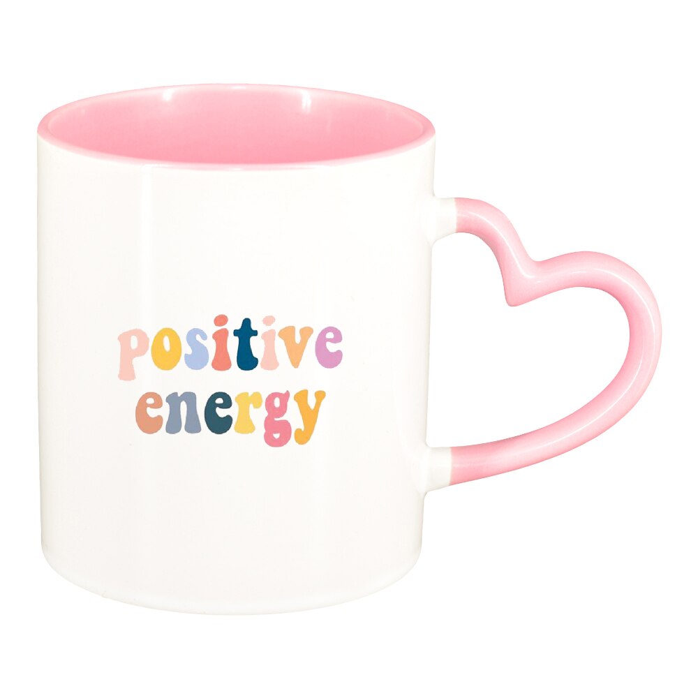 Cana cu mesaj Positive Energy, interior roz, maner inima, 330ml, D1423