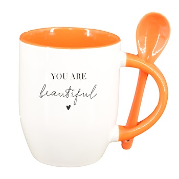 Cana cu mesaj You are beautiful cu lingurita, interior portocaliu, 330ml, D1421 Cana cu mesaj You are beautiful cu lingurita, interior portocaliu, 330ml, D1421