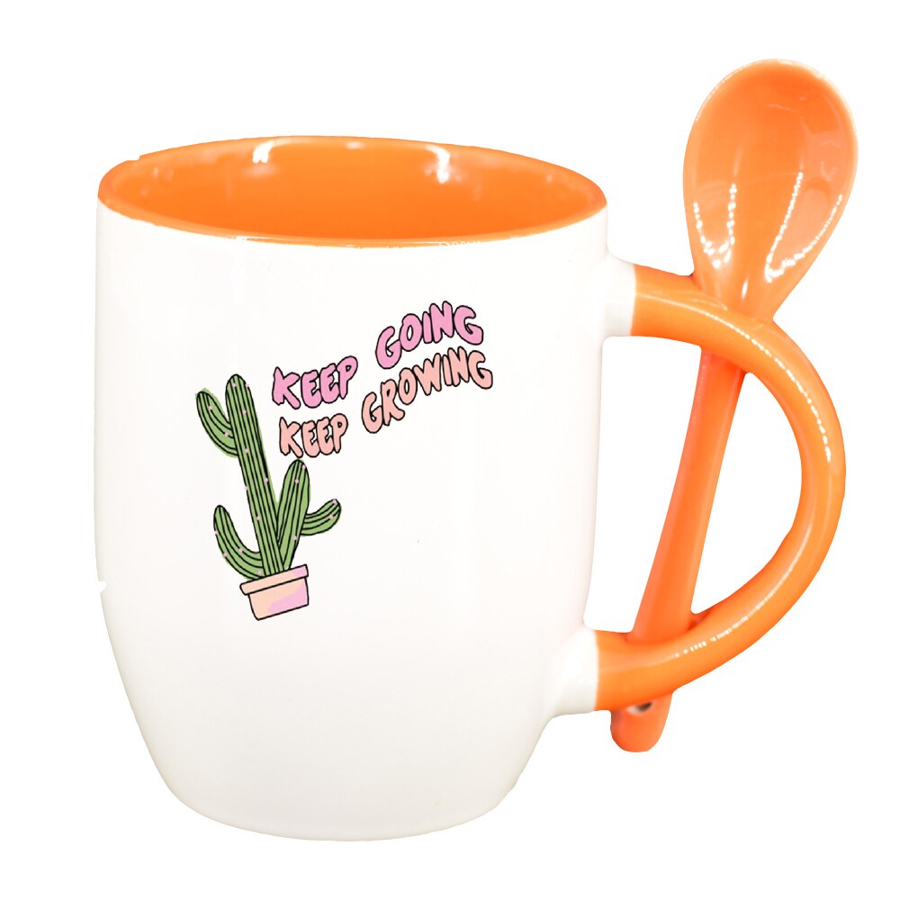 Cana cu mesaj Keep Going cu lingurita, interior portocaliu, 330ml, D1424
