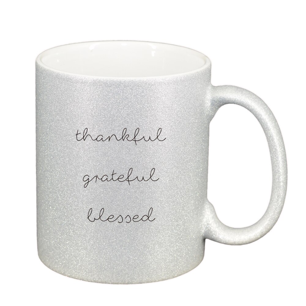Cana cu mesaj thankful, argintiu sidefata glitter, 330ml, D1422