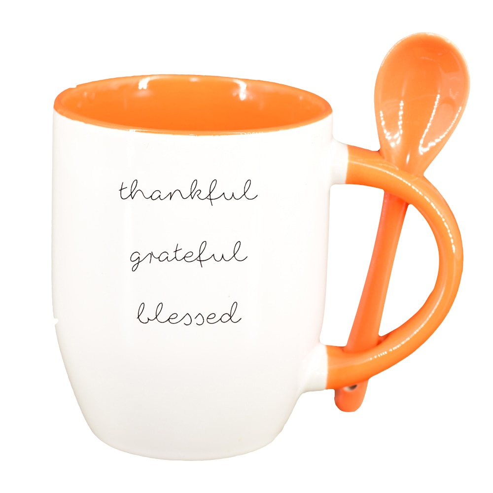 Cana cu mesaj thankful cu lingurita, interior portocaliu, 330ml, D1422