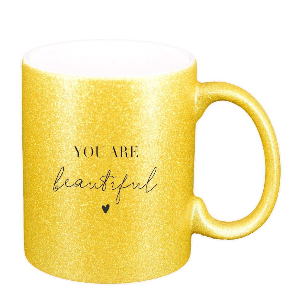 Cana cu mesaj You are beautiful, auriu sidefata glitter, 330ml, D1421