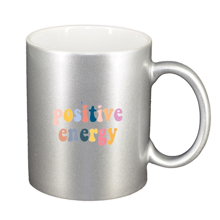 Cana cu mesaj Positive Energy, argintiu sidefata, 330ml, D1423