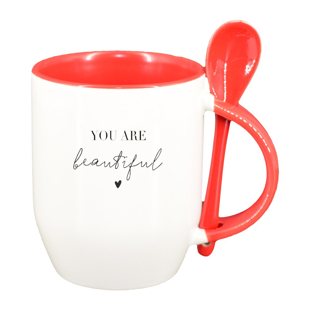 Cana cu mesaj You are beautiful cu lingurita, interior rosu, 330ml, D1421