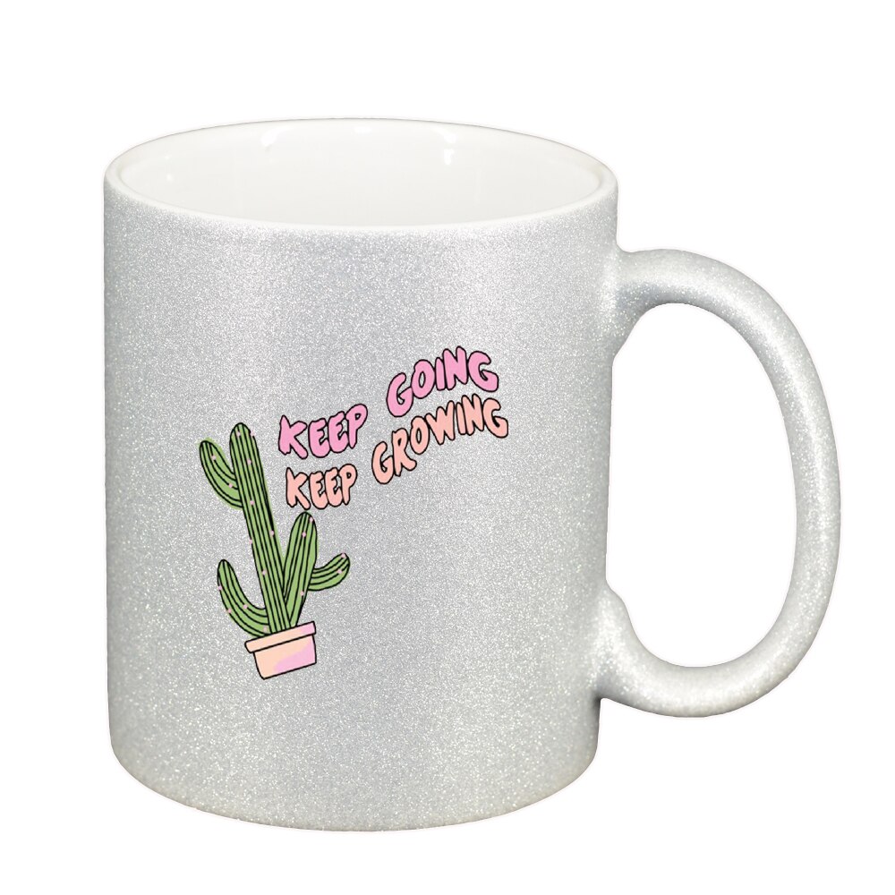 Cana cu mesaj Keep Going, argintiu sidefata glitter, 330ml, D1424