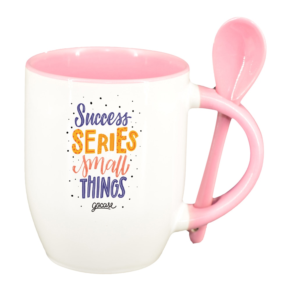 Cana cu mesaj Succes series cu lingurita, interior roz, 330ml, D1425
