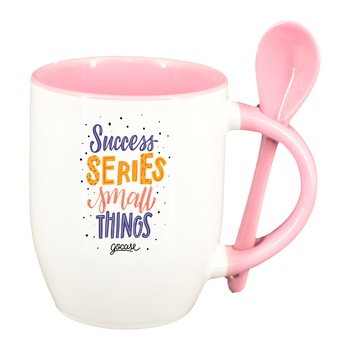 Cana cu mesaj Succes series cu lingurita, interior roz, 330ml, D1425 Cana cu mesaj Succes series cu lingurita, interior roz, 330ml, D1425