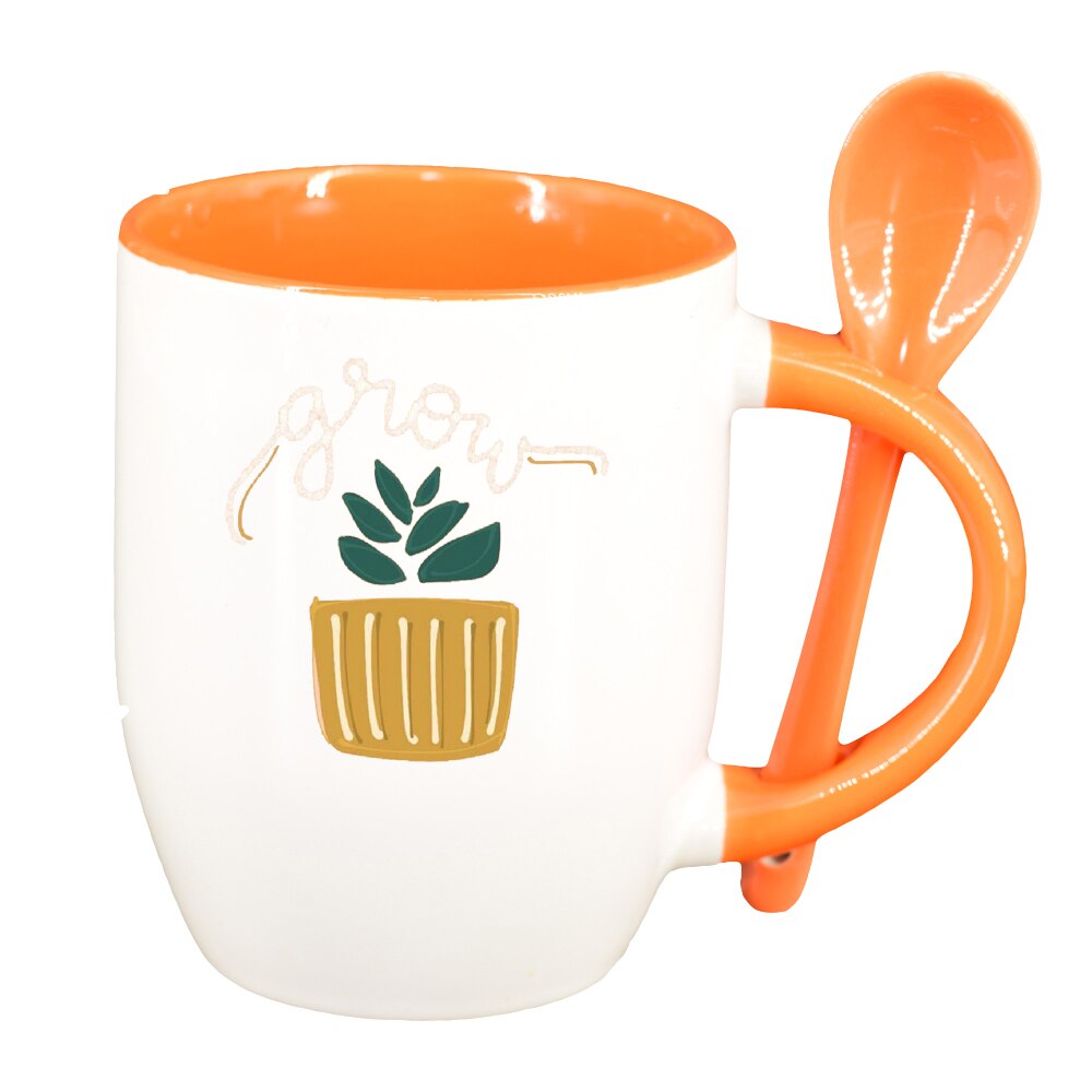 Cana cu mesaj Grow cu lingurita, interior portocaliu, 330ml, D1428
