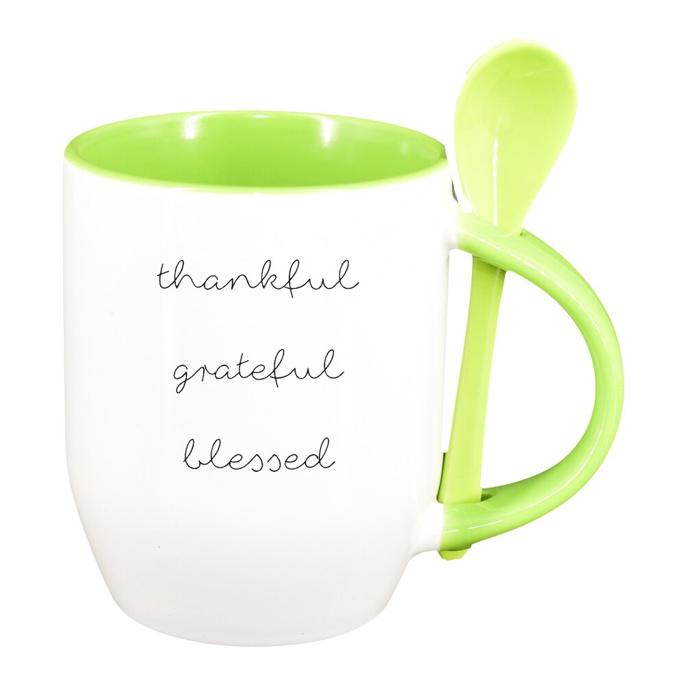 Cana cu mesaj thankful cu lingurita, interior verde deschis, 330ml, D1422