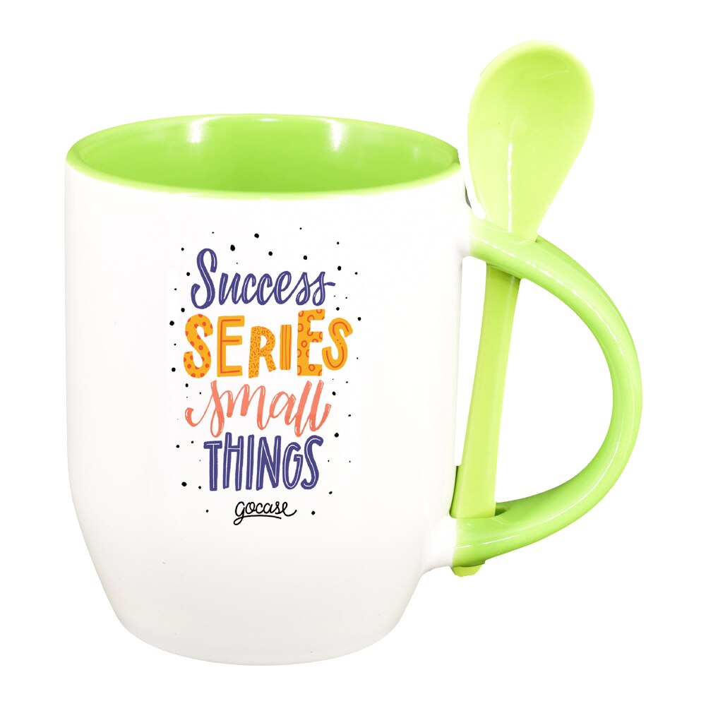 Cana cu mesaj Succes series cu lingurita, interior verde deschis, 330ml, D1425