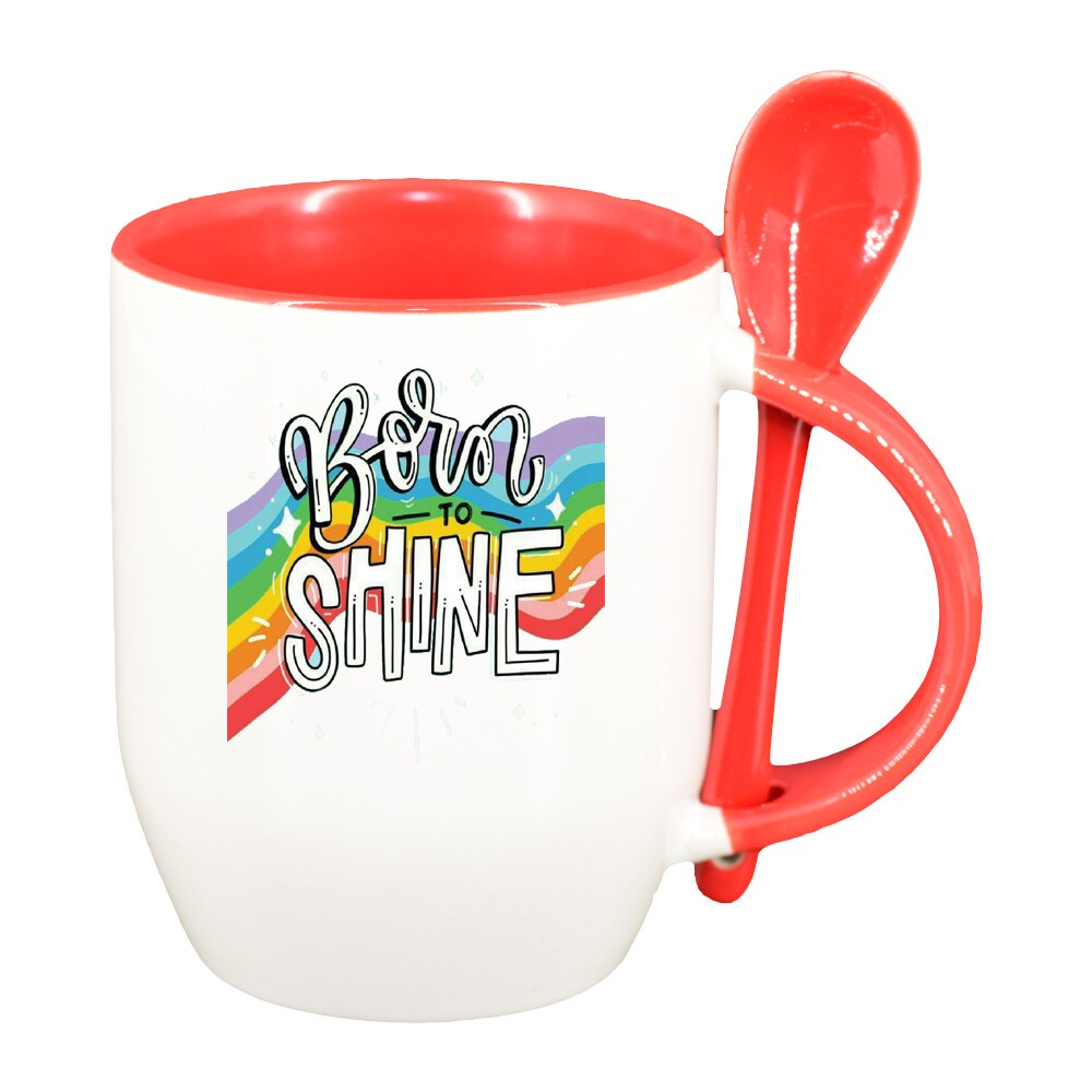 Cana cu mesaj Born to Shine cu lingurita, interior rosu, 330ml, D1427