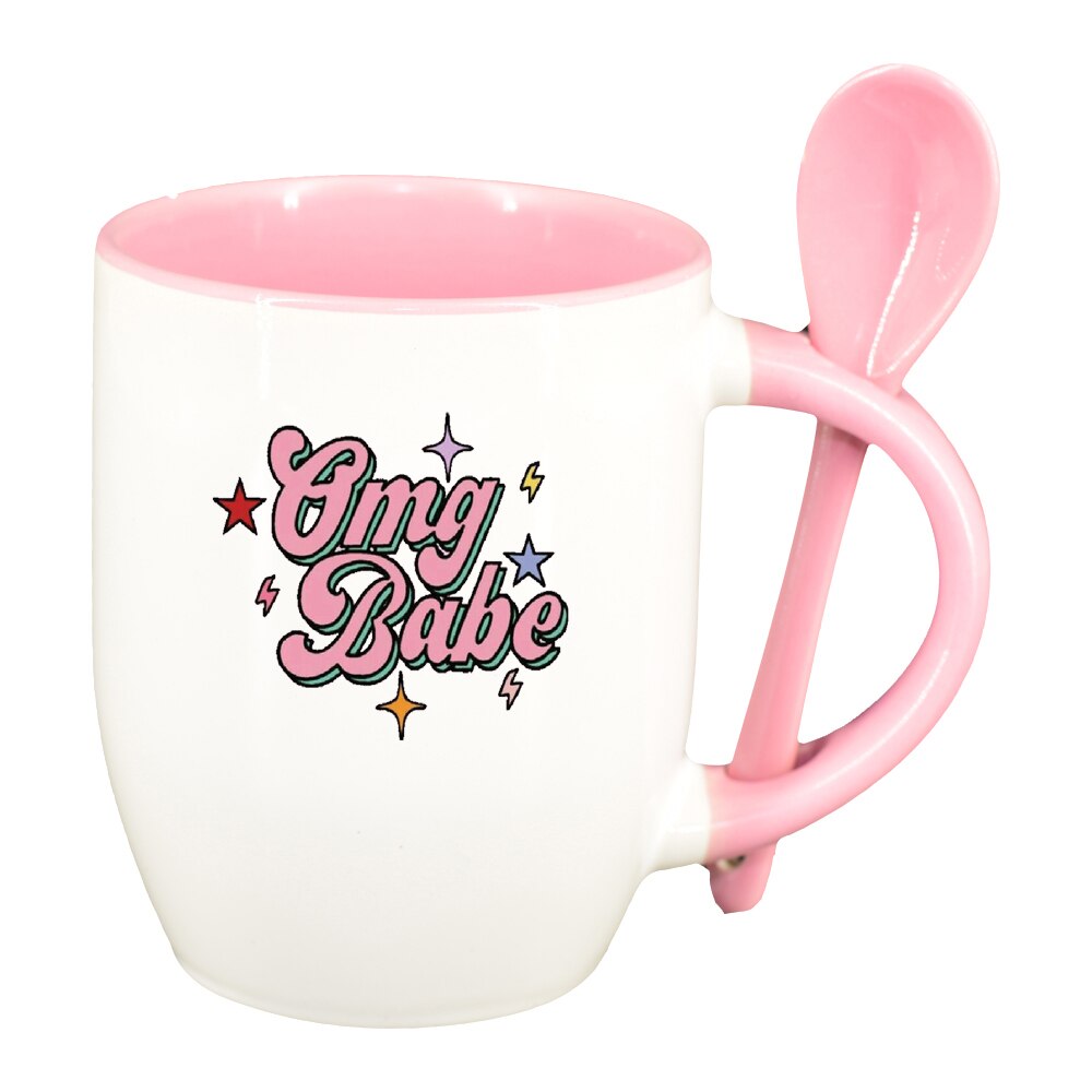 Cana cu mesaj OMG Babe cu lingurita, interior roz, 330ml, D1426