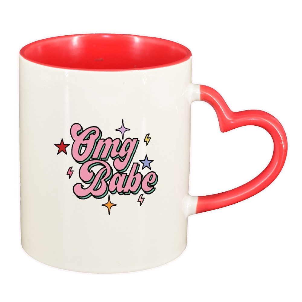 Cana cu mesaj OMG Babe, interior rosu, maner inima, 330ml, D1426