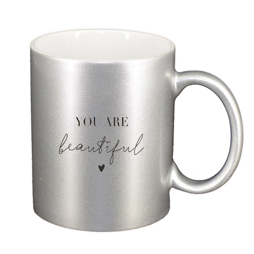 Cana cu mesaj You are beautiful, argintiu sidefata, 330ml, D1421