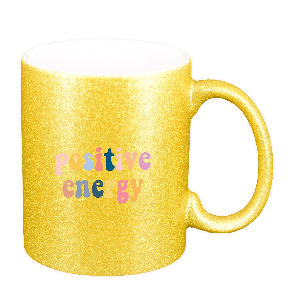 Cana cu mesaj Positive Energy, auriu sidefata glitter, 330ml, D1423