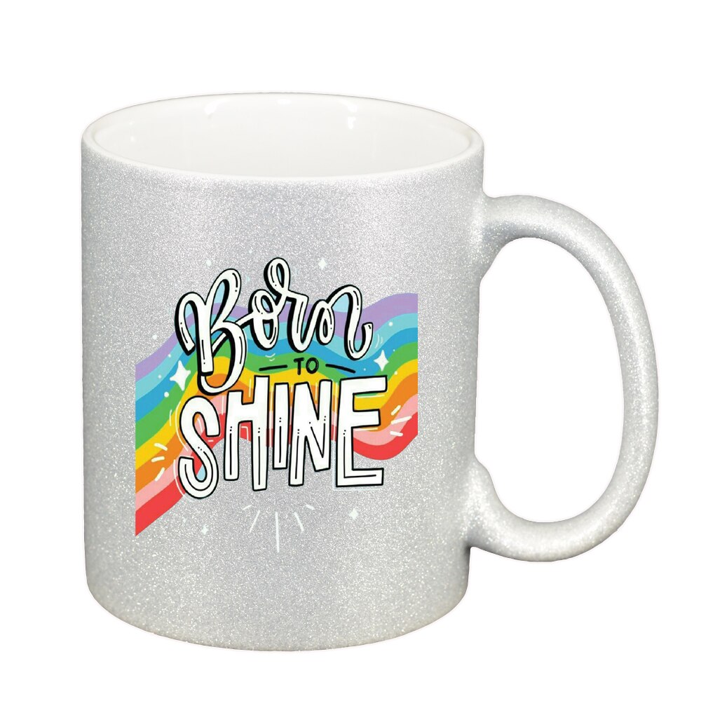 Cana cu mesaj Born to Shine, argintiu sidefata glitter, 330ml, D1427